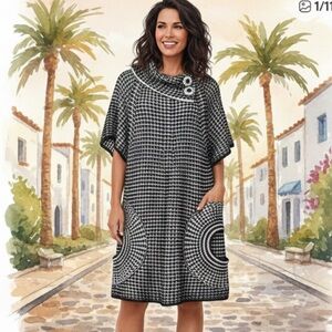 NWT Shoreline Black & White Patterned Sweater Dress Pockets 2X